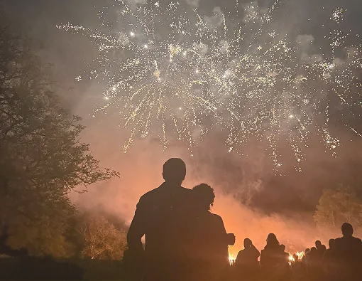 Silhouettes d'un couple regardant un feu d'artifice dans la nuit